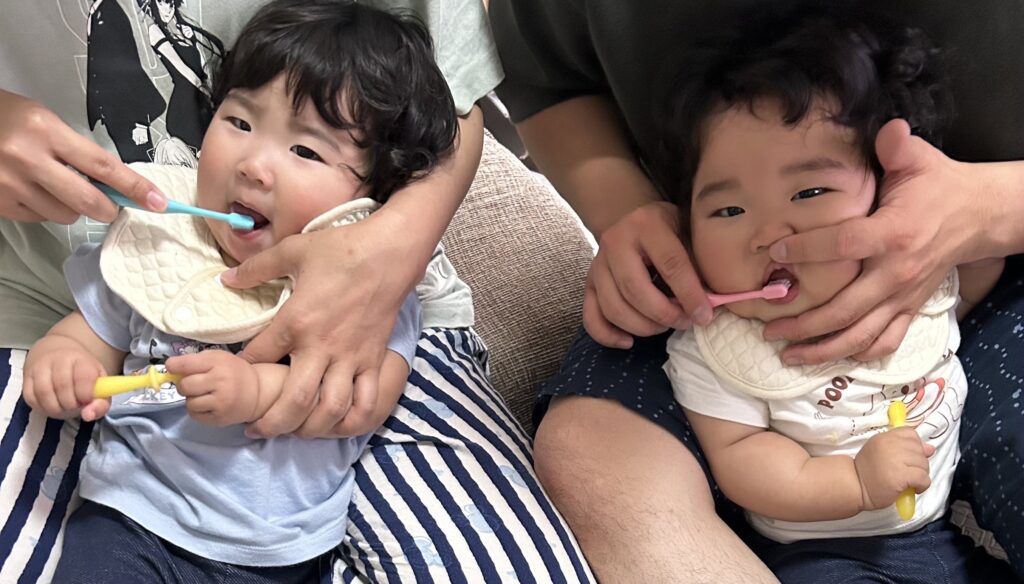 赤ちゃん二人が仕上げ歯磨きをしてもらっているところ